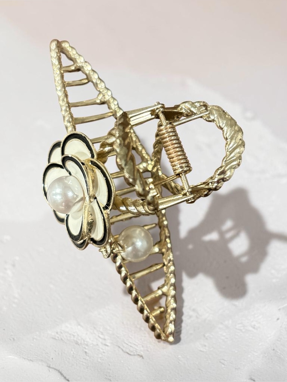 White & Gold Camellia Flower Hair Claw Clip w/ Pearl Accent - New